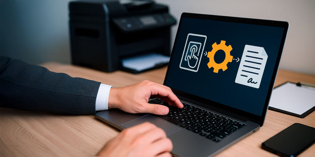 Una persona con traje usa una computadora portátil, mostrando íconos para entrada táctil, configuraciones y creación de documentos, con una impresora en el fondo.