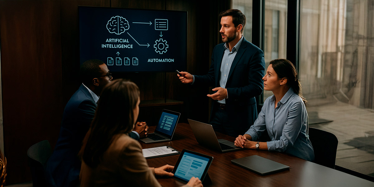 A group of professionals in a meeting room discussing artificial intelligence and automation, with laptops on the table and a presentation screen.