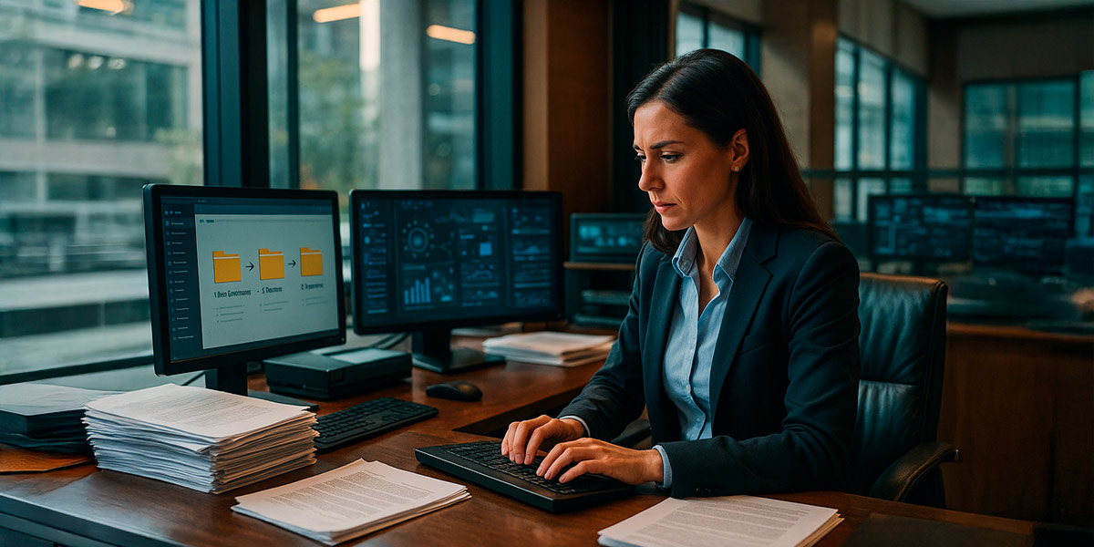 Mujer en un entorno de oficina, sentada frente a un escritorio con dos monitores de computadora.