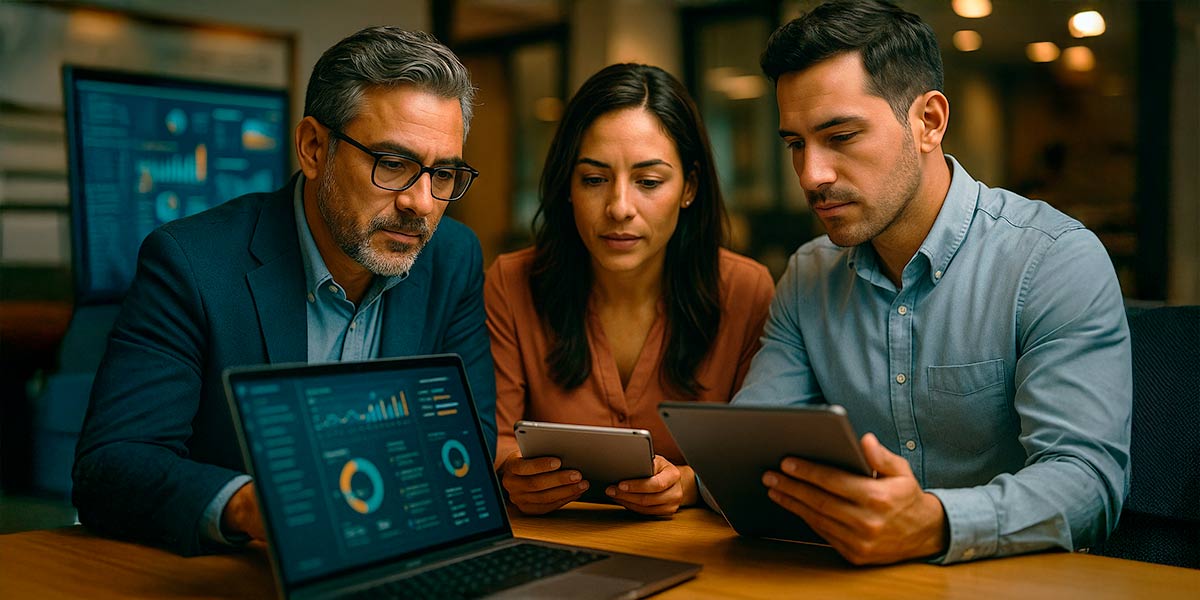 Tres personas observan una computadora portátil, colaborando en un proyecto o revisando información en línea.