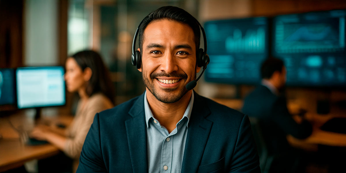 Hombre feliz en un centro de atención telefónica, usando auriculares y sonriendo mientras atiende llamadas.